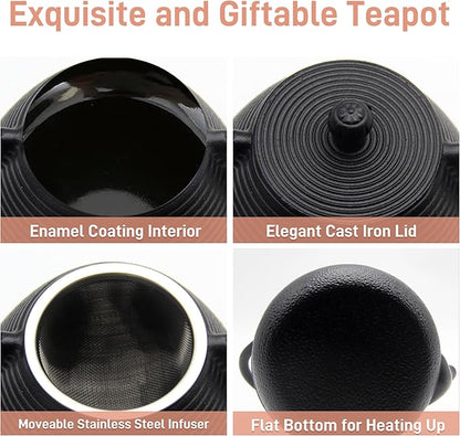 20.3oz Small Cast Iron Teapot, SECHUDO Cast Iron Tea Kettle for Stovetop Safe Coated with Enameled Interior, Cast Iron Tea Pot with Stainless Steel Infuser for Loose Tea (Black Pinstripe Pattern)