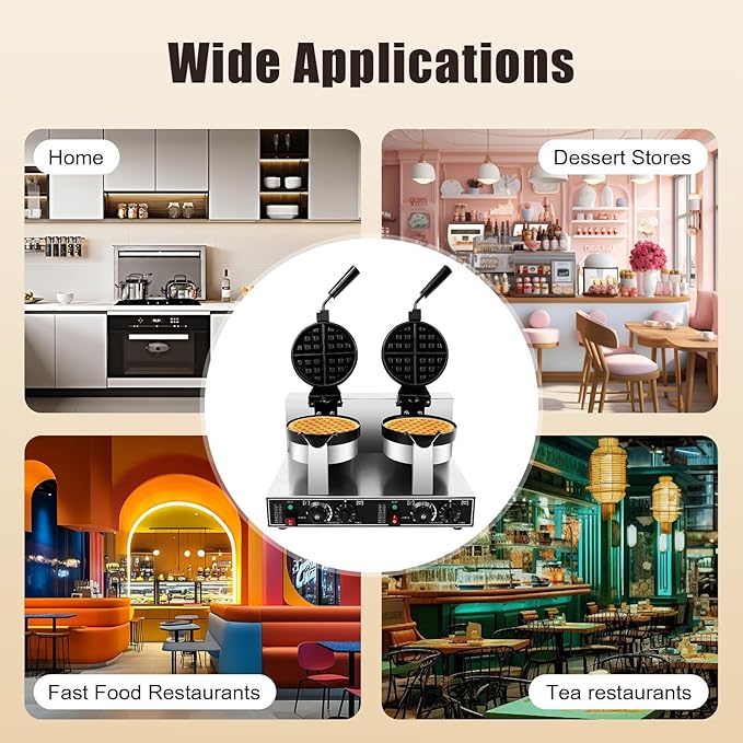 Commercial Dual-Head Rotating Non-Stick Round Belgian Waffle Maker - 2400W Stainless Steel Waffle Iron Machine for Restaurant or Bakery - Temperature and Time Control, 110V