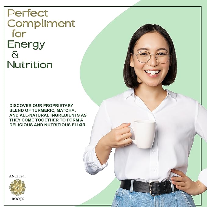 Ancient Roots Turmeric Matcha Mix - With Cinnamon, Ginger, and Black Pepper - All-Natural, Low-Calorie, Powdered Tea Mix, Sugar-Free 3.5 oz. Turmeric (33 servings)