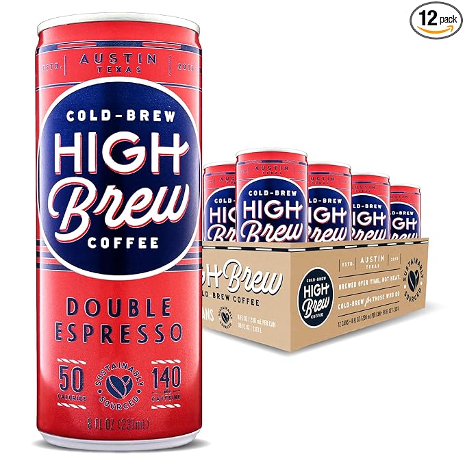 High Brew Coffee, Cold Brew Coffee, Double Espresso, 8 Fl Oz, Ready-To-Drink (Pack of 12)