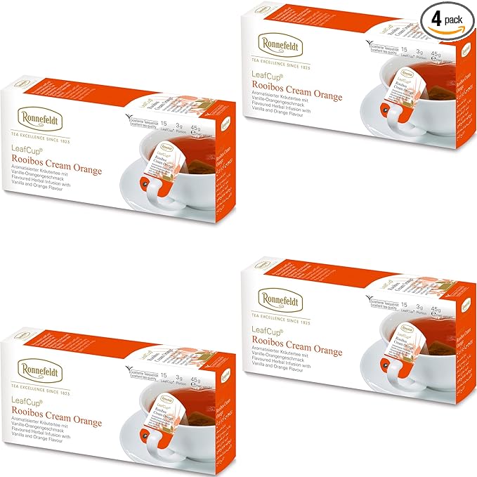 Ronnefeldt LeafCup Rooibos Cream Orange Chai – Naturally Caffeine-Free Red Herbal Tea with Orange Peel & Vanilla – Set of 4 Boxes – 60 Individually Wrapped Loose Leaf Tea Bags – Packed in Germany