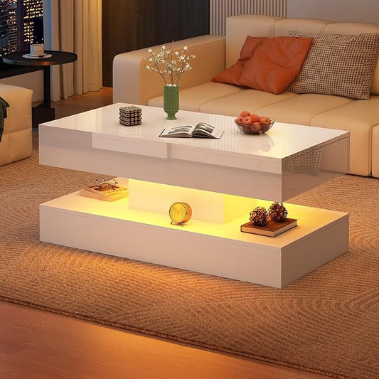 Uspeedy 39.37in Large High Glossy LED Coffee Table with 2 Storage Drawers,Black/White Modern Coffee Tables for Living Room,Living Room Tables,APP LED Lights (White)