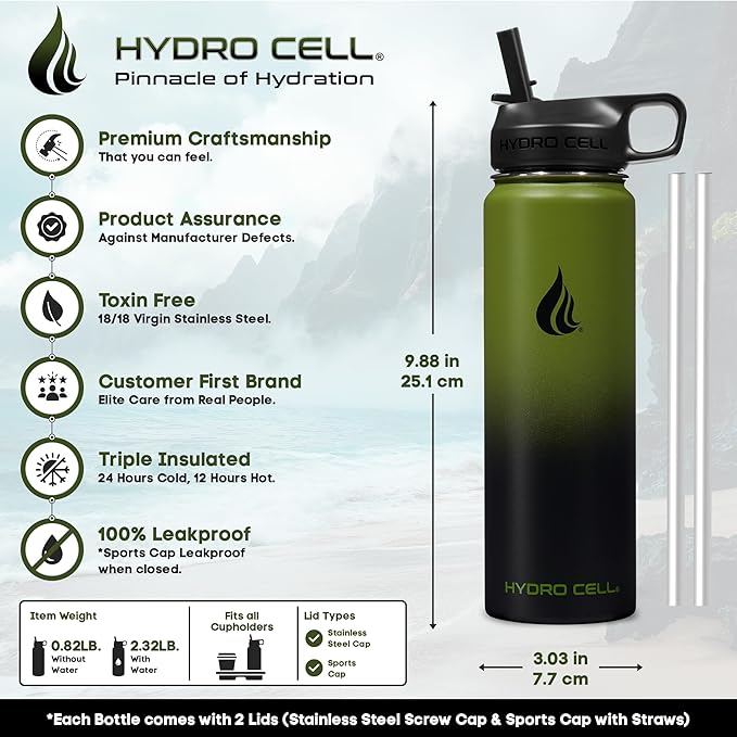 HYDRO CELL Stainless Steel Insulated Water Bottle with Straw - For Cold & Hot Drinks - Metal Vacuum Flask with Screw Cap and Modern Leakproof Sport Thermos for Adults (Army/Black 24oz)