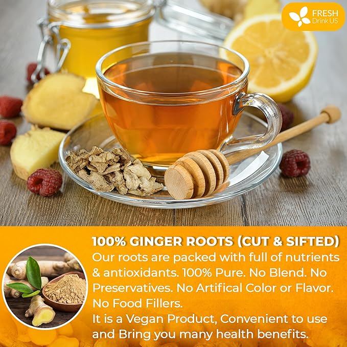 FreshDrinkUS, Premium 10oz Natural Ginger Roots, Cut and Sifted, 100% Natural & Pure from Ginger Roots, Ginger Tea, Ginger Loose Herbal Tea, No Additives, No Caffeine, Vegan