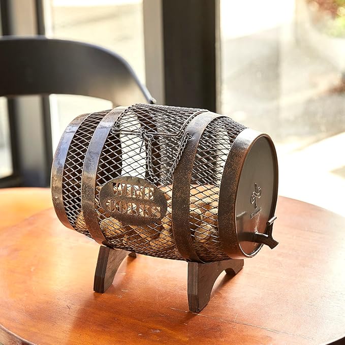 Rustic Metal Large Barrel Wine Cork Holder Display On Wooden Stand, Container for Display, Home Decor, Housewarming Gifts, Home Bar Decor, Wine Gifts, Engagement Gifts, Kitchen Decor