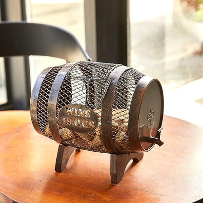 Rustic Metal Large Barrel Wine Cork Holder Display On Wooden Stand, Container for Display, Home Decor, Housewarming Gifts, Home Bar Decor, Wine Gifts, Engagement Gifts, Kitchen Decor