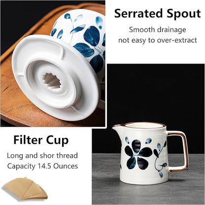 Pour Over Coffee Maker Set, 60 Angle ceramic Pour Over Coffee Maker Dripper Filter & Decanter for 1-4 People, Ceramic Coffee Dripper Set with 100 Count Paper Coffee Filters(Coffee Filter +Kettle)