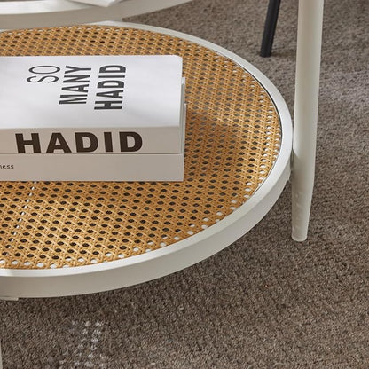 VINGLI 25.6" Coffee Table for Living Room, Round Water-Wave Glass Metal Center Table, Modern Rattan Coffee Table with 2-Tier Storage, Farmhouse Circular End Table for Small Space, White