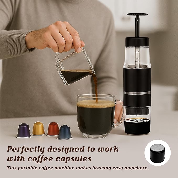 French Press Coffee Maker for Ground Coffee & Capsules Portable Cold Brew Coffee Espresso Machine, Small Hand Coffee Maker for Camping