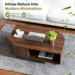 Load image into Gallery viewer, Mid-Century Modern 39.4" Coffee Table - Leaf-Shaped Wood Center Table with Storage, Retro Fluted Central Table with Sliding Door &amp; Large Hidden Compartment, for Living Room, Office, Walnut