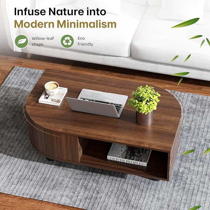 Mid-Century Modern 39.4" Coffee Table - Leaf-Shaped Wood Center Table with Storage, Retro Fluted Central Table with Sliding Door & Large Hidden Compartment, for Living Room, Office, Walnut