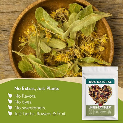 Linden & Raspberry Herbal Tea Loose Leaf – Fruity Tea with Raspberry Leaf & Fruit, Lemon Balm & Elderflower – No Caffeine – Naturally Calming Herbal Teas – 4oz.