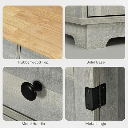 HOMCOM Sideboard with Solid Wood Countertop, Modern Kitchen Storage Cabinet, Coffee Bar Cabinet with 3 Drawers, Doors and Adjustable Shelf, Distressed Light Gray
