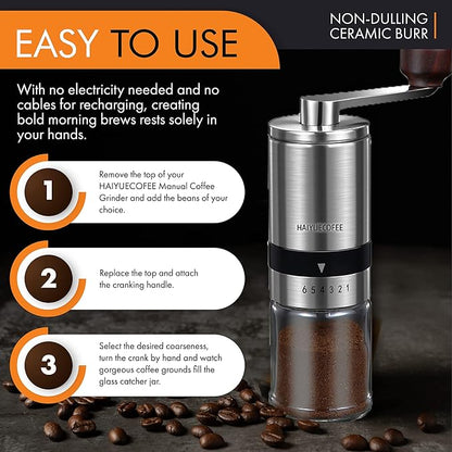 Manual Coffee Grinder with 6 Adjustable Coarseness Settings, Hand Crank Coffee Mill with Ceramic Burr for Espresso Beans, French Press, Pour Over, Drip Coffee – Rustproof, Non-Dulling
