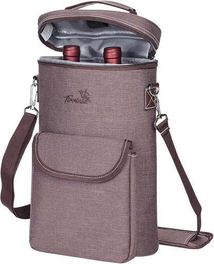 Tirrinia 2 Bottle Wine Gift Tote Carrier - Leakproof & Insulated with Large Pockets Wine Cooler Bag for Travel, Tasting, Party, Dinner, Valentine's Day Gift