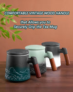 Load image into Gallery viewer, ZENS Tea Cup with Infuser and Lid for Loose Leaf Steeping, 16.9oz Embossed Ceramic Tea Infuser Mug, Wood Handle Tea Diffuser, Great Gift