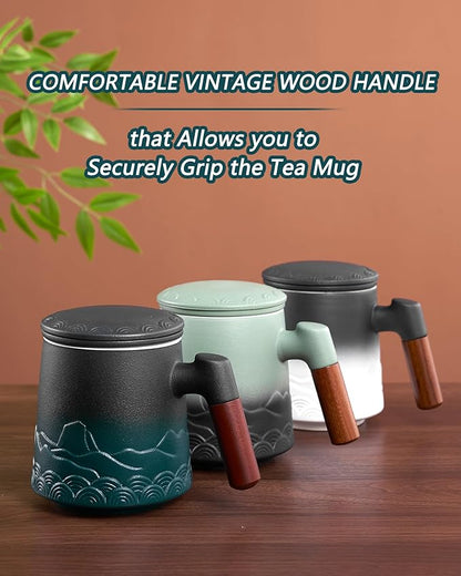 ZENS Tea Cup with Infuser and Lid for Loose Leaf Steeping, 16.9oz Embossed Ceramic Tea Infuser Mug, Wood Handle Tea Diffuser, Great Gift