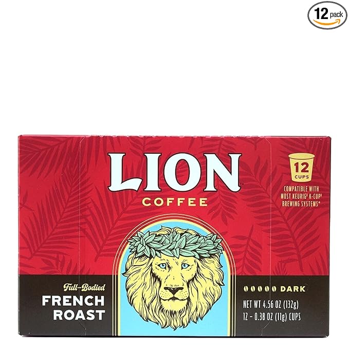 Lion Coffee French Roast Coffee Pods - Single-Serve Pods - Bold Dark Roast - Arabica Coffee - Compatible with Single-Serve Brewing Systems - 12 Count Box