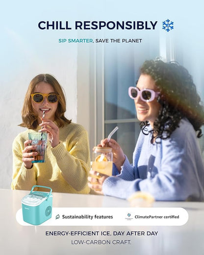 EUHOMY Countertop Ice Maker Machine with Handle, 26lbs Per Day, 9 Ice Cubes Ready in 6 Mins, Auto-Cleaning Portable Ice Maker with Basket and Scoop, for Home/Kitchen/Camping/RV (Green)