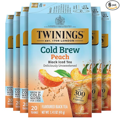 Twinings Peach Cold Brew Iced Tea Bags, 20 Count (Pack of 6), Unsweetened Flavoured Black Tea, Caffeinated, 120 Teabags