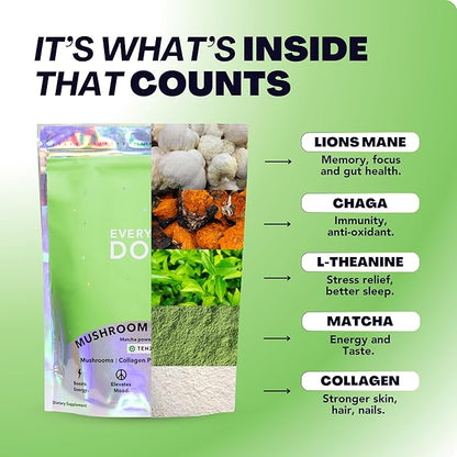 Everyday Dose Mushroom Matcha+ Ceremonial Grade Matcha Powder - Japanese Tea With Grass-Fed Collagen, Lion's Mane, Chaga, L-Theanine - For Better Focus, Energy, Digestion and Immunity - 30 Servings
