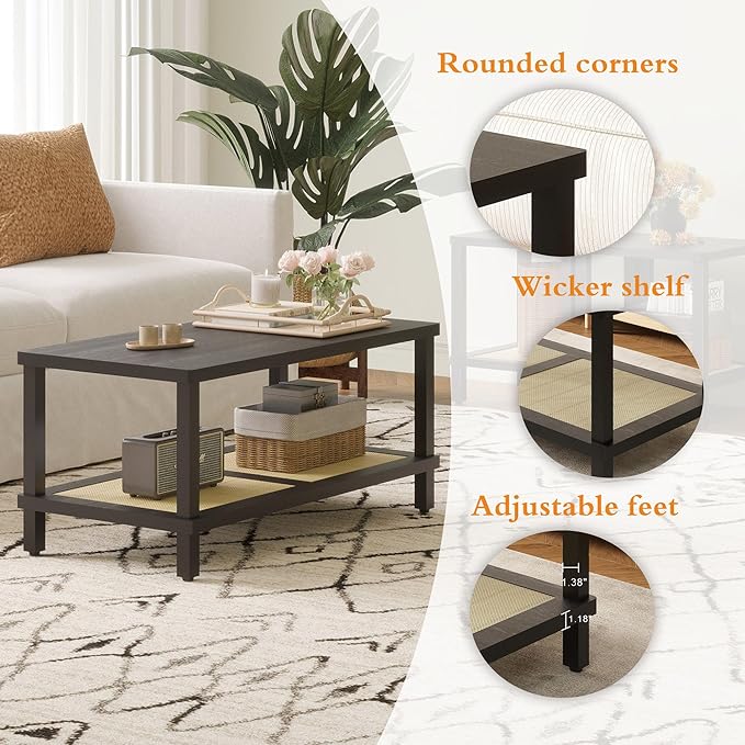 Rattan Coffee Table for Living Room,2-Tier Wooden Center Table with Hand Made Rattan Decorated,39.3 Inch Living Room Tbale with Rounded Corners,Boho Coffee Table,Easy Assembly Black LCT55BK