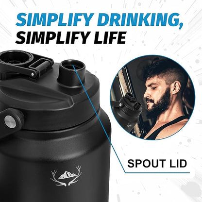 NATURE PIONEOR One Gallon Water Bottle Insulated - Large Double Vacuum Stainless Steel 84 oz Water Bottle with Holder/Carrier, 84oz Water Jug,Wide Mouth