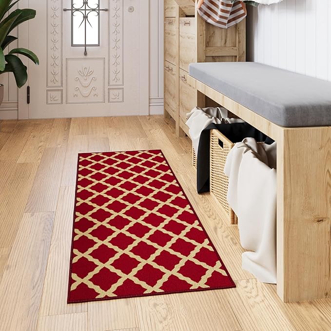Ottomanson Hallway Runner Rug 20" x 59" Non Slip Trellis Area Rugs Easy to Clean Laundry Rug Runner Durable & Pet Friendly Floor Carpet Runners for Hallways Entryway Living Room Kitchen Bathroom, Red