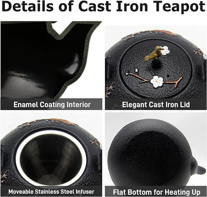 Cast Iron Kettle Teapot, Japanese Style Tetsubin, Cast Iron Tea Kettle with Stainless Steel Infuser for Loose Tea, Internal Enamel Iron Tea Pots for Stovetop Safe(40.2oz/1200ml)