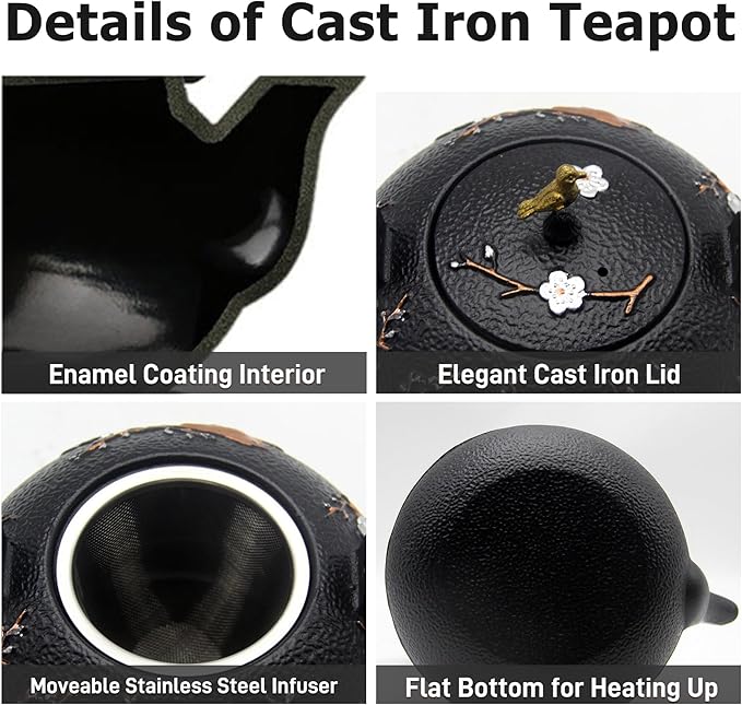 Cast Iron Kettle Teapot, Japanese Style Tetsubin, Cast Iron Tea Kettle with Stainless Steel Infuser for Loose Tea, Internal Enamel Iron Tea Pots for Stovetop Safe(40.2oz/1200ml)