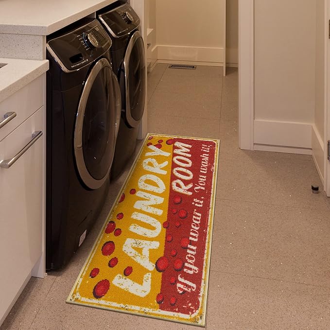 Ottomanson 20" x 59" Laundry Room Rug - Non-Slip Mat for Laundry & Mudroom - Durable, Stain-Resistant, and Easy to Clean - Perfect for High-Traffic Areas - Runner Rug for Entryway Bathroom, Yellow/Red