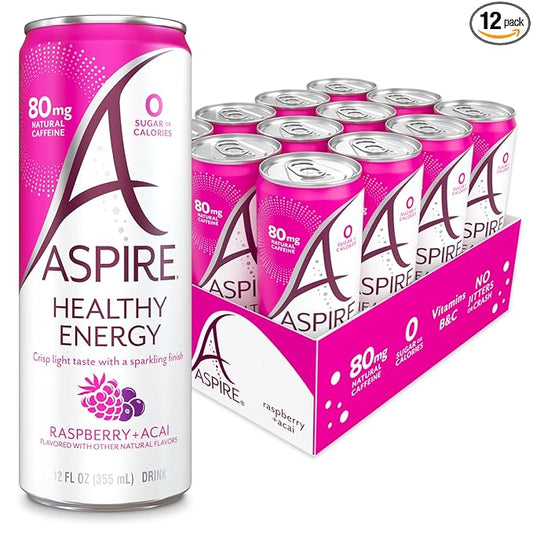 ASPIRE® Raspberry Acai, Healthy Energy Drink 80mg Natural Caffeine, Zero Sugar No Carbs Keto Friendly, 12 Pack Green Tea Sugar Free Drink Low Caffeine Zero Calorie