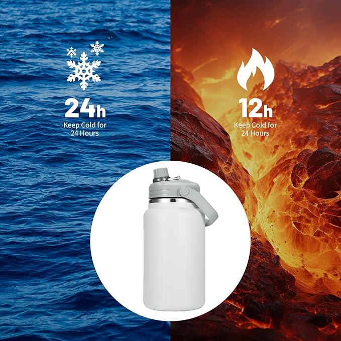 1 Gallon Thermosflask with Straw, 135oz Stainless Steel Insulated Water Bottle，4L Oversized Double Wall Vacuum Jug with Handle for Hot Cold Drinks, Wide mouth Icebuckets for Hiking Sports(White)