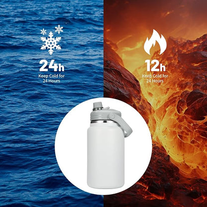 1 Gallon Thermosflask with Straw, 135oz Stainless Steel Insulated Water Bottle，4L Oversized Double Wall Vacuum Jug with Handle for Hot Cold Drinks, Wide mouth Icebuckets for Hiking Sports(White)