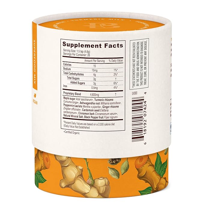 Banyan Botanicals Turmeric Milk – Organic Turmeric Latte Mix with Ashwagandha & Cardamom – Instant Caffeine Free Golden Milk with Maple Sugar – 4.3 oz, 26 servings –Non GMO Sustainably Sourced Vegan