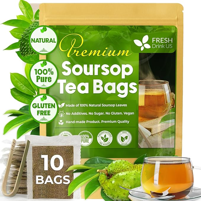FreshDrinkUS, Premium 10 Soursop Graviola Leaf Tea Bags, 100% Natural & Pure from Soursop Leaves, Hoja Guanabana Herbal Tea. Made with Natural Material Tea Bags. No Sugar, No Caffeine, Vegan.