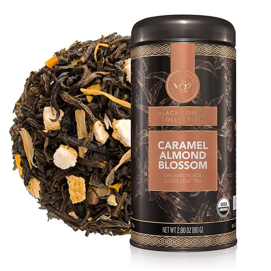 Teabloom Organic Black Tea, Caramel Almond Blossom Loose Leaf Tea, Luxury Dessert Tea, USDA Certified Organic, Certified Kosher, 2.80 Ounce Canister Makes 35-50 Cups