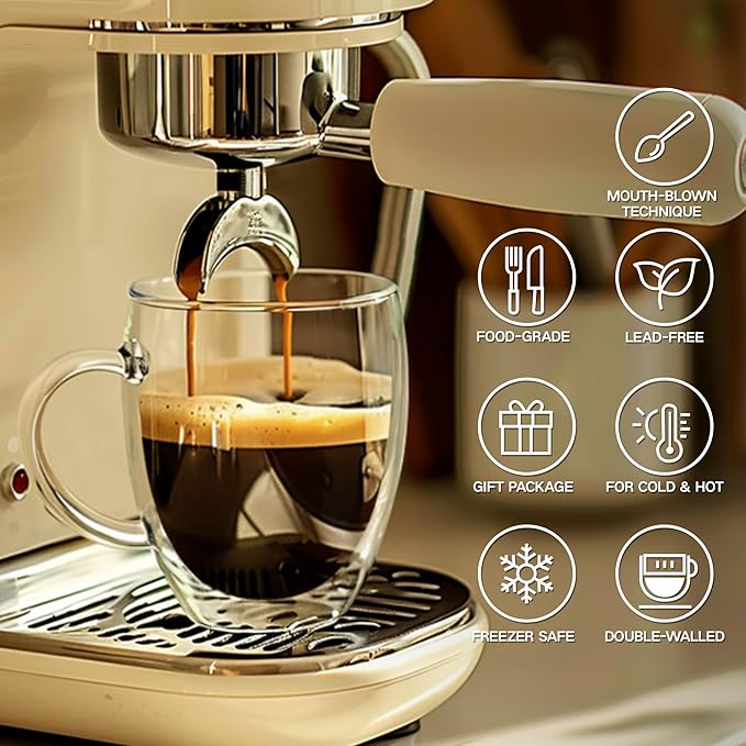 12 Ounces Set of 2 Double Walled Glass Coffee Mugs with Handle Insulated Layer Coffee Cups Borosilicate Glass Espresso Double Insulated Clear Glass Coffee Mug for Hot Beverages