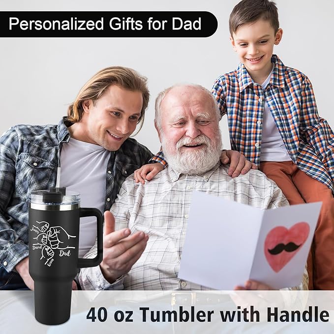 Custom Dad Tumbler with Kids Names, Personalized 40 Oz Tumbler with Handle and Straw, Personalized Birthday Gifts for Dad Husband