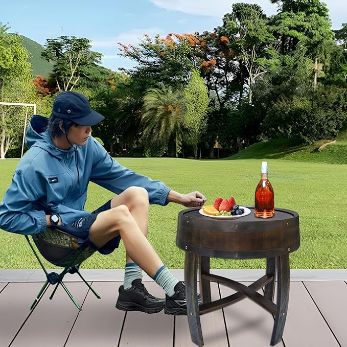 Medieval Retro Wine Barrel Design Coffee Table Wooden Round Creative End Table for Indoor Outdoor, 23" Brown Barrel Tables for Livingroom Small Spaces Outdoor Courtyard Farmhouse Balcony