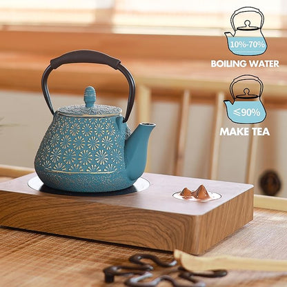 Cast Iron Teapot, 32oz Tea Kettle with Infuser for Stove Top, Sakura Blossom Pattern Japanese Tea Pot for Tea & Coffee Coated with Enameled Interior, Silicone Handle 950ml Blue