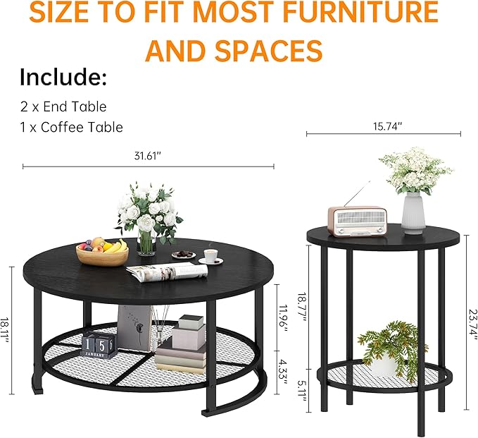 DKLGG 3 Pieces Black Coffee Tables for Living Room Table Sets, Round Wooden Coffee Table 3-Piece, Coffee and End Tables with Open Storage for Apartment Home Office, Small Spaces (Black)