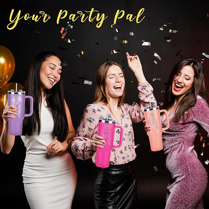 Made in USA - Personalized 40 Oz Tumbler with Handle and Straw - Custom Birthday Gifts with Name/Birth Flower for Wowen Girlfriend- Personalized Tumbler Bridesmaid Gifts for Wedding