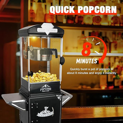 Portable Popcorn Machine with Cart & Wheels, 10 Oz Commercial Popcorn Maker with Kettle, Includes 3 Measuring Spoons for Home Theater, Parties, Events