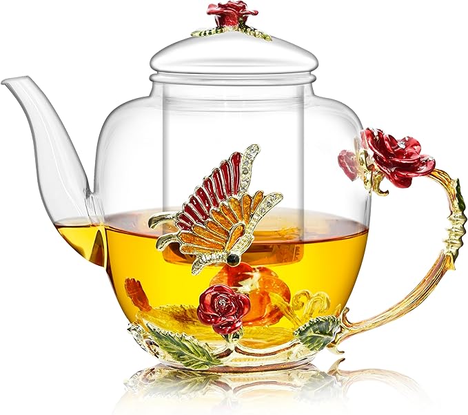 46oz/1300ml Large Enamel Teapot With Infuser,Floral Glass Teapot With Red Rose Flower Butterfly,Removable Infuser For Blooming Tea,Loose Leaf Tea,Fruit Tea,Tea Bag