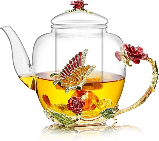 46oz/1300ml Large Enamel Teapot With Infuser,Floral Glass Teapot With Red Rose Flower Butterfly,Removable Infuser For Blooming Tea,Loose Leaf Tea,Fruit Tea,Tea Bag