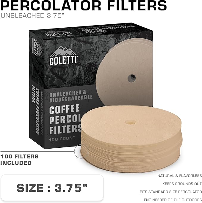 COLETTI Percolator Coffee Filters — Disc Coffee Filters For Percolators – For Bozeman, Butte, & Scoutmaster Camping Coffee Makers – Perfectly Tasteless, Mesh Filter [100 pack, Natural, 3.75”]