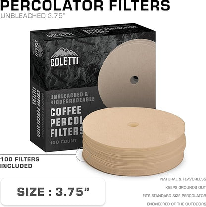 COLETTI Percolator Coffee Filters — Disc Coffee Filters For Percolators – For Bozeman, Butte, & Scoutmaster Camping Coffee Makers – Perfectly Tasteless, Mesh Filter [100 pack, Natural, 3.75”]
