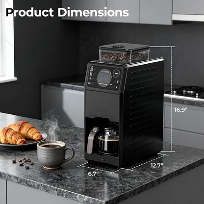 Programmable 5 Cup Coffee Maker with Grinder Built In, Automatic Drip Coffee Machine with Timer, Removable Tank, 22 oz Glass Carafe and Hot Plate, for Home Dorm and Office, Matt Black