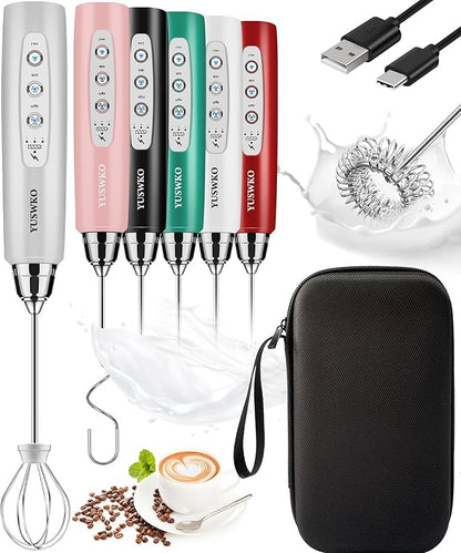 YUSWKO Rechargeable Milk Frother for Coffee, Handheld Drink Mixer with 3 Heads 3 Speeds, Ideal Coffee Frother Wand for Travel - Silver